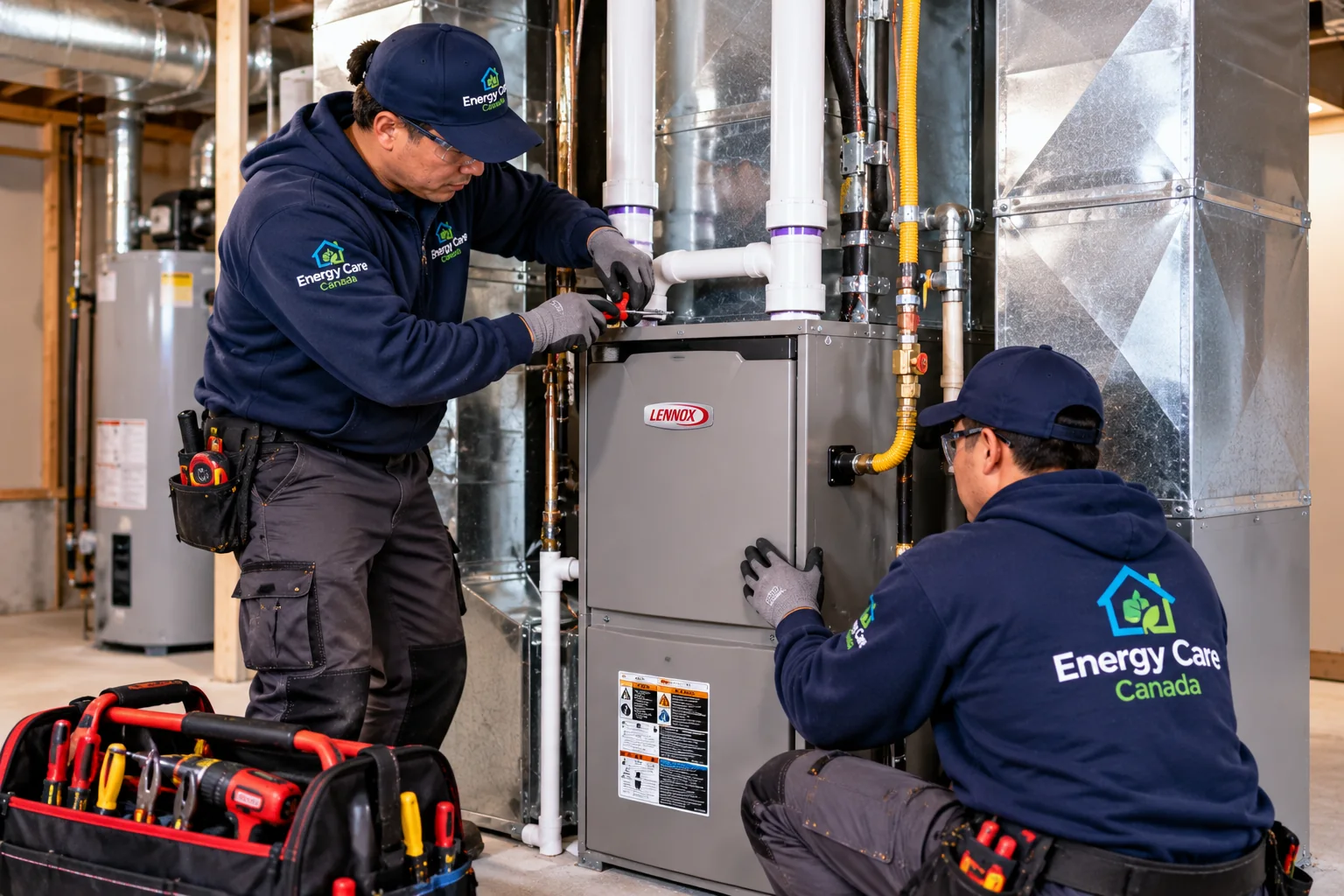 Two Energy Care technicians servicing a Lennox furnace